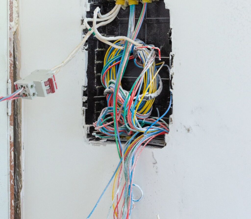 wires coming out of a wall indicating that the electrical panel needs to be replaced